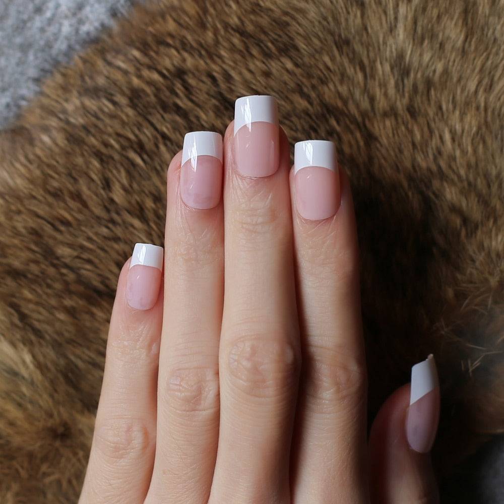 Faux Ongles French Carré Courts Rose & Blanc