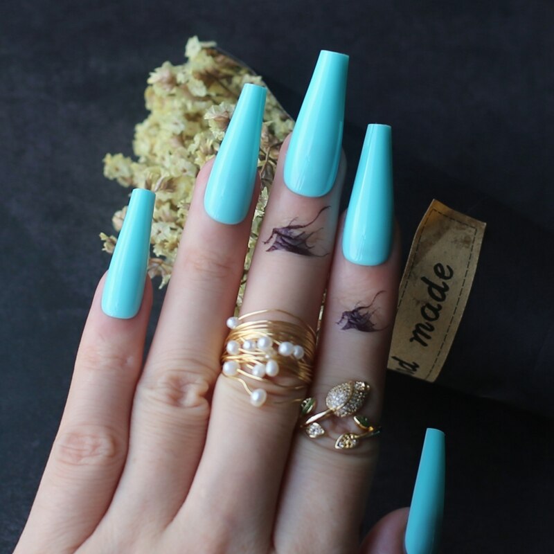 Faux Ongles Bleus Ballerine Longs