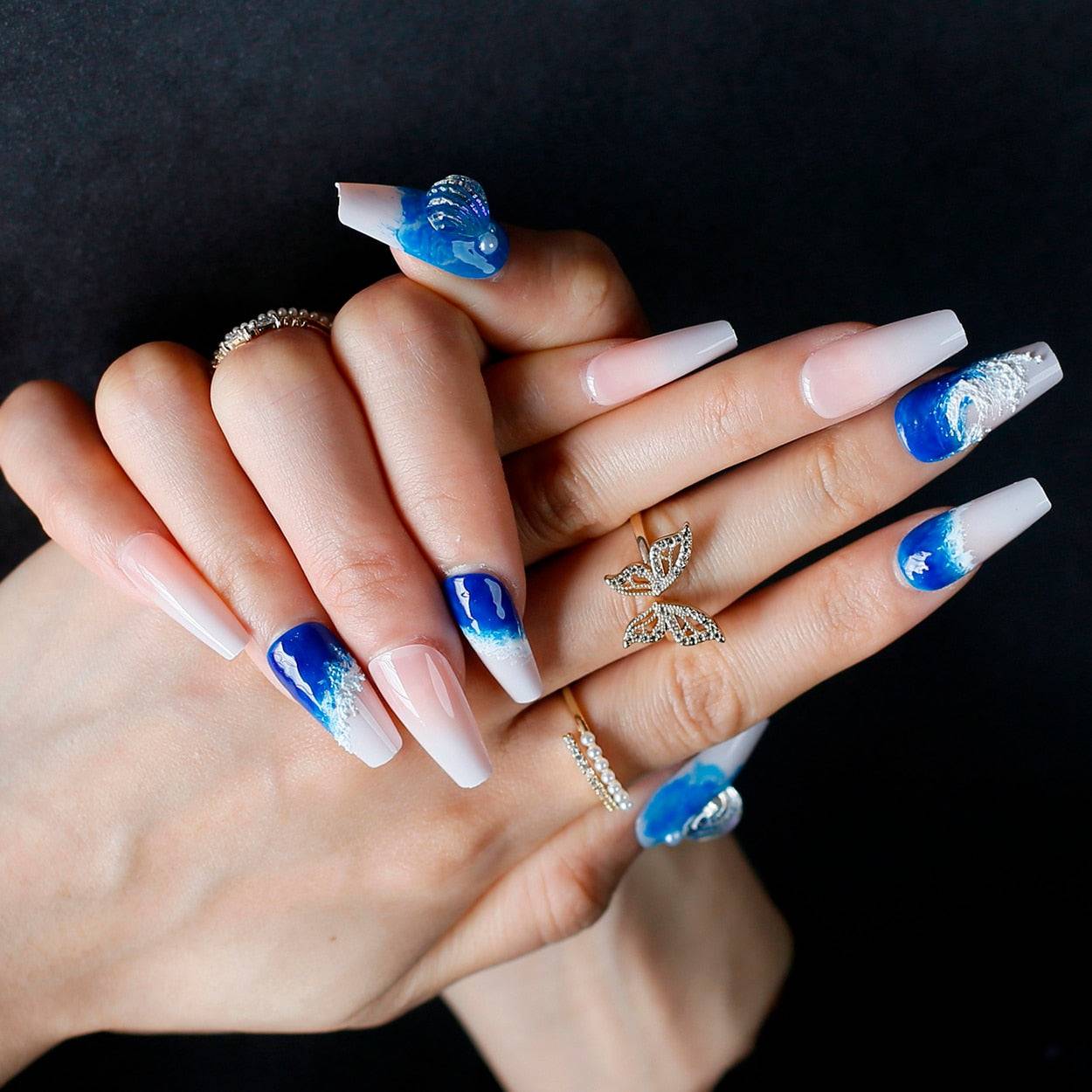 Faux Ongles Bleus Pailletés Ballerine Longs