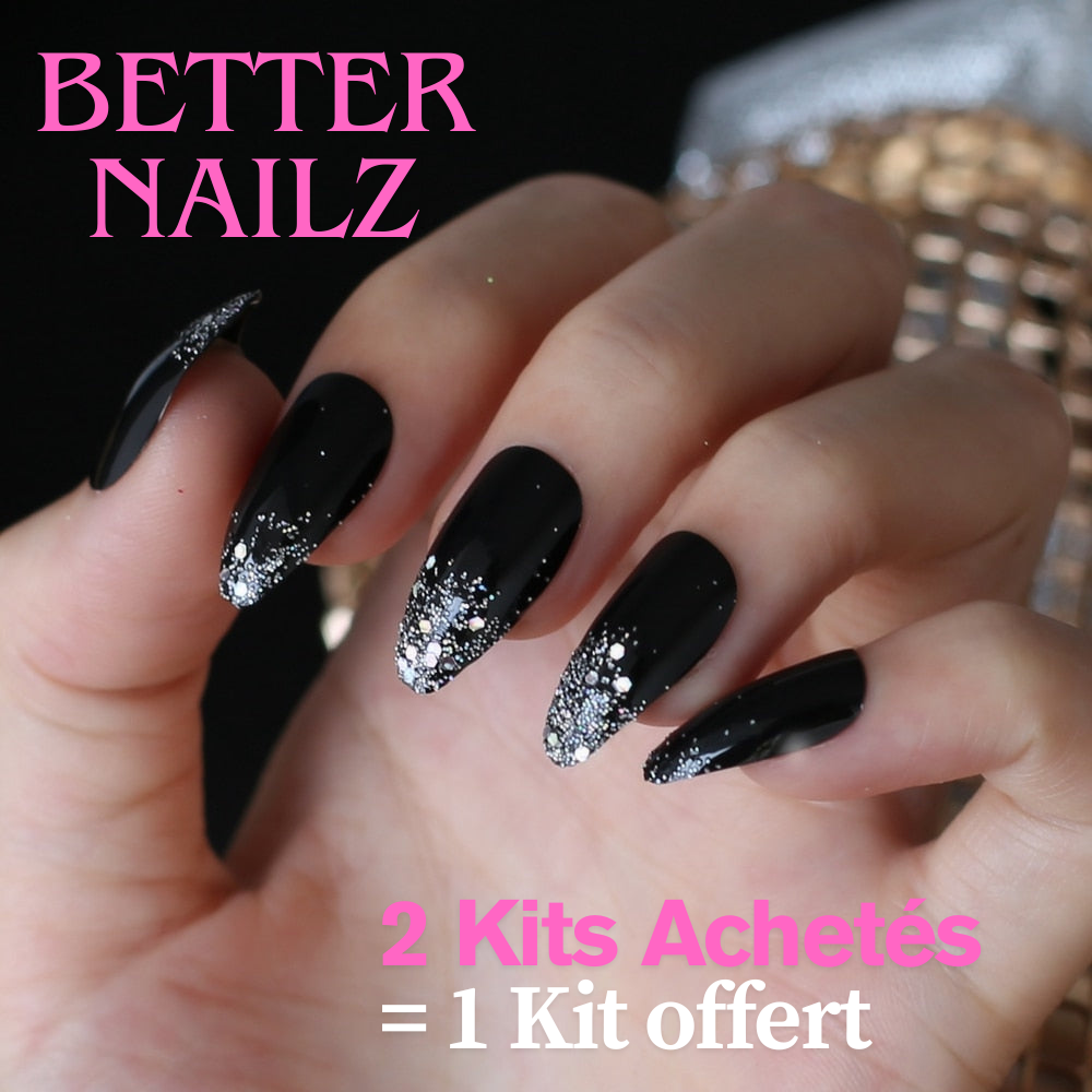 Faux Ongles Noir Paillettes Argentés