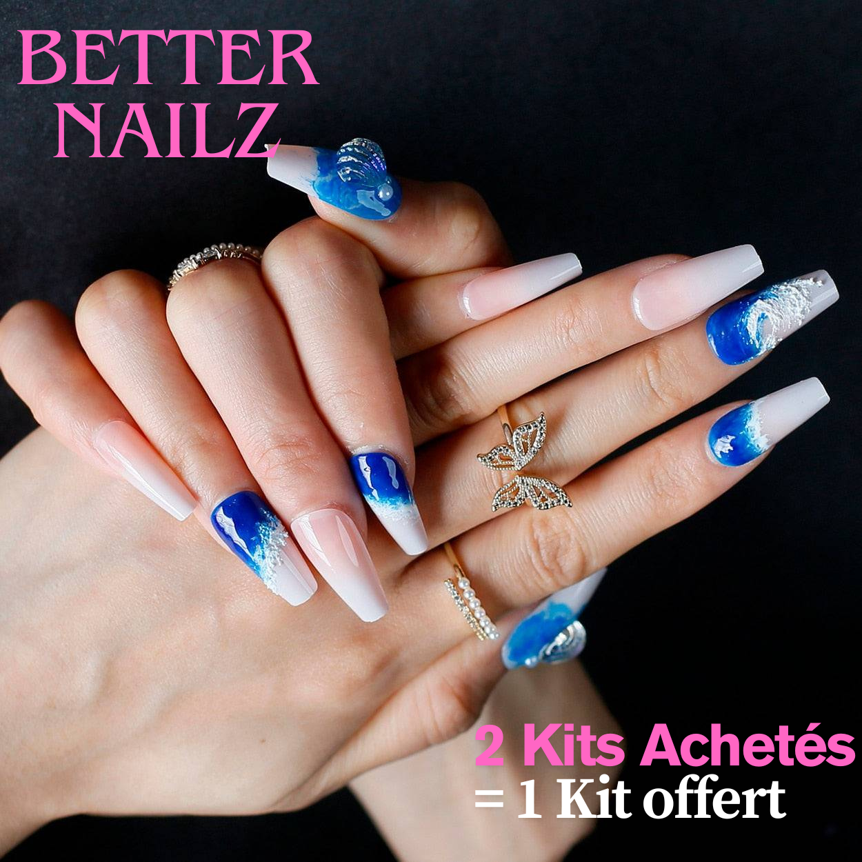 Faux Ongles Bleus Pailletés Ballerine Longs